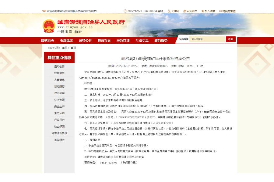 岫岩县2万吨菱镁矿年开采指标网络拍卖公告