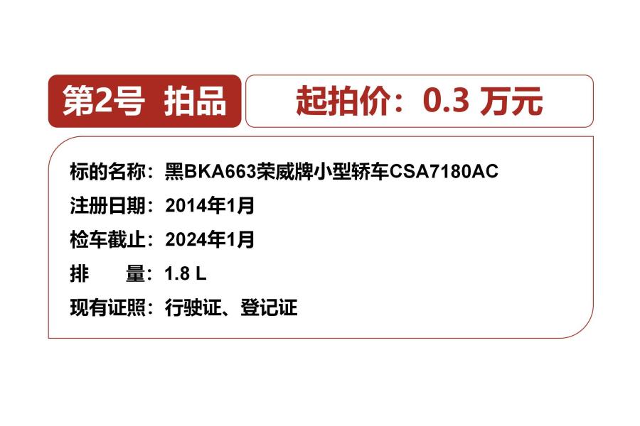 2.黑BKA663荣威牌小型轿车CSA7180AC网络拍卖公告