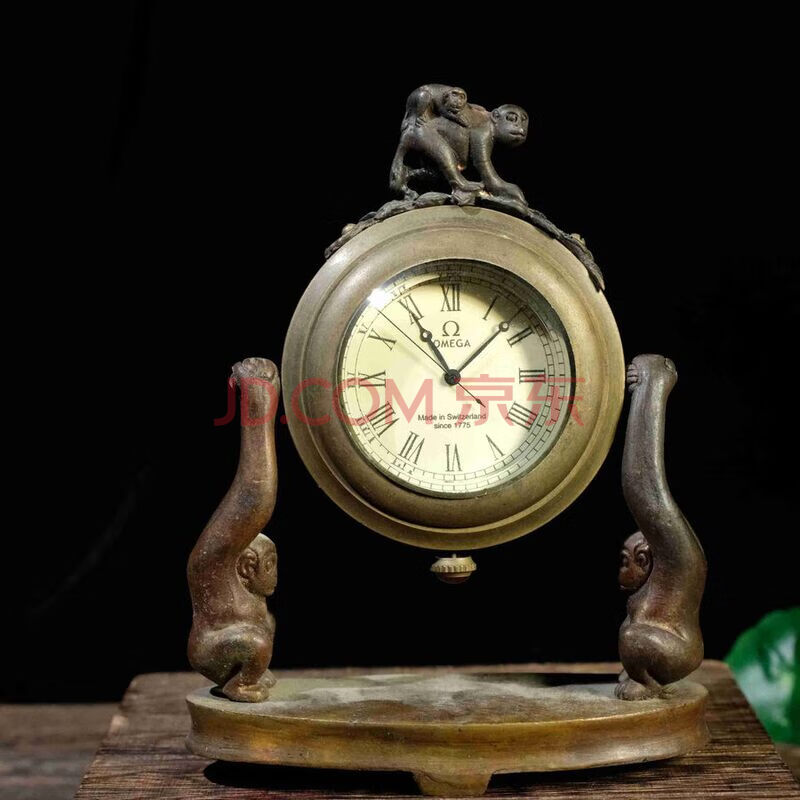 D2293 旧藏珍品 纯铜老式灵猴机械座钟摆件网络拍卖公告